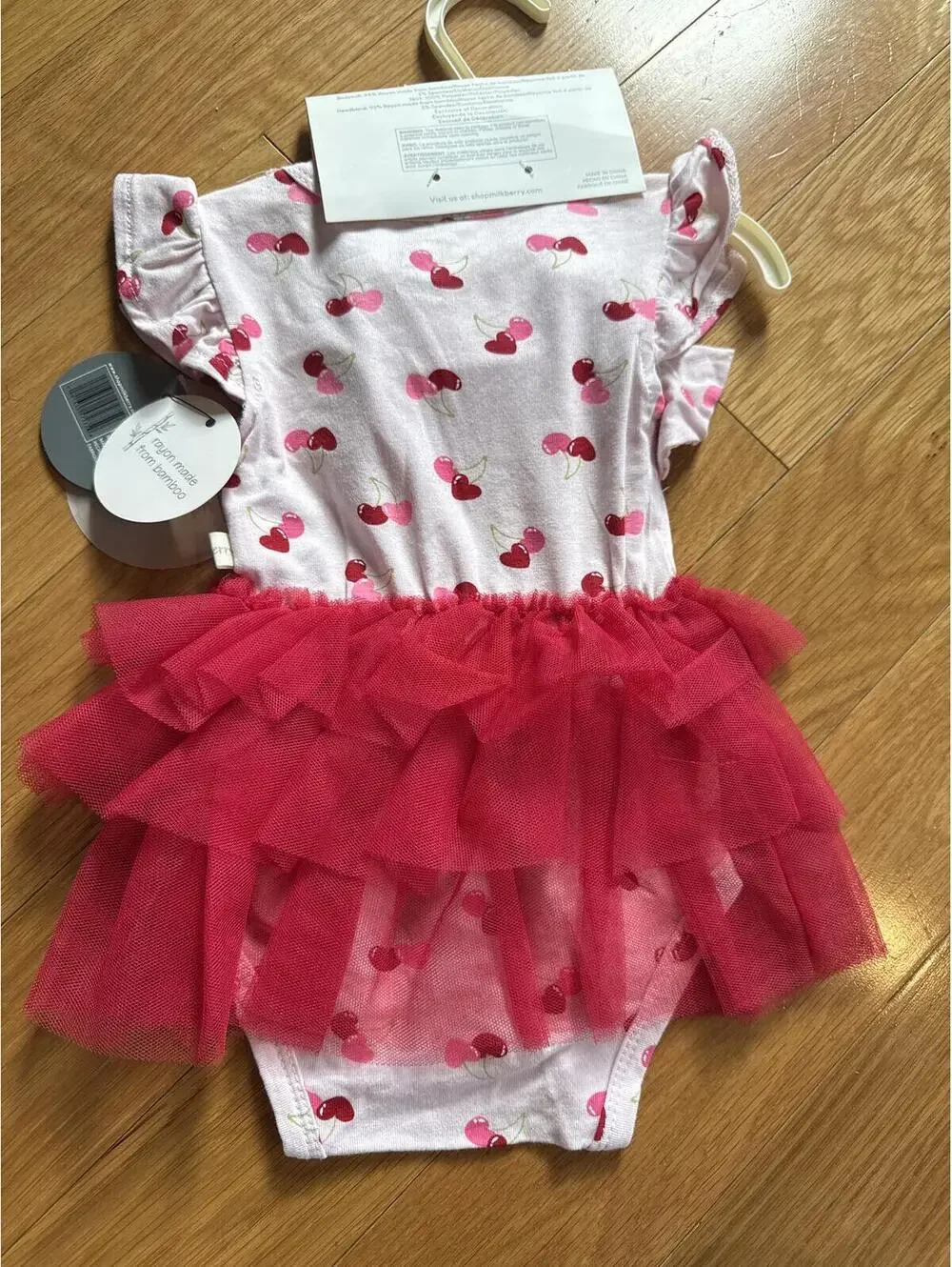 milkberry Baby Girl 2-Piece Cherry Print Dress with Red Tulle Skirt and Headband
